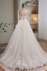 Wedding Dress Unique, Ivory Bow Tie Shoulder Pearl Bows Tulle Long Wedding Dress